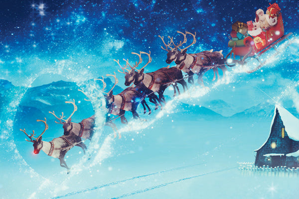 Santa Claus in a sleigh pulled by reindeer flying over a snowy landscape with a starry sky.