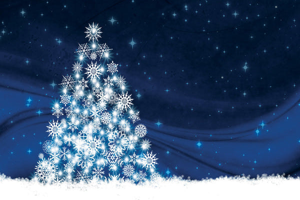 Decorative Christmas tree made of snowflakes on a dark blue background with stars.