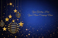 A festive Christmas greeting card design featuring gold and black striped hanging ornaments and stars on a deep blue starry background, with placeholder text on the right.