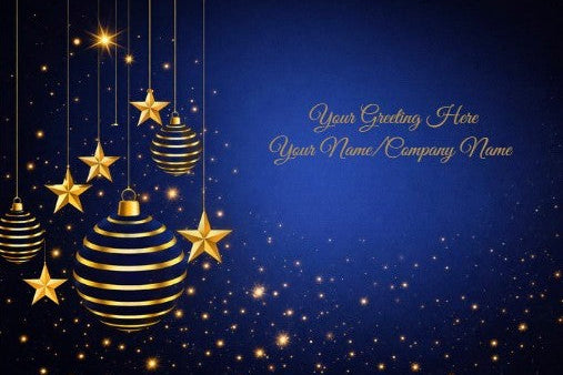 A festive Christmas greeting card design featuring gold and black striped hanging ornaments and stars on a deep blue starry background, with placeholder text on the right.