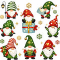 A set of eight cartoon Christmas gnome illustrations in different poses, decorated with green, red, white, and gold holiday outfits and accessories, arranged on a white background with scattered gold and green snowflakes.