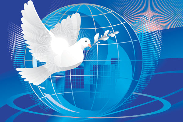 White dove with an olive branch in front of a blue globe