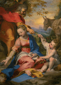 Painting of a religious scene with figures and animals in a landscape