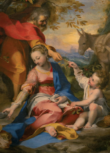 Painting of a religious scene with figures and animals in a landscape