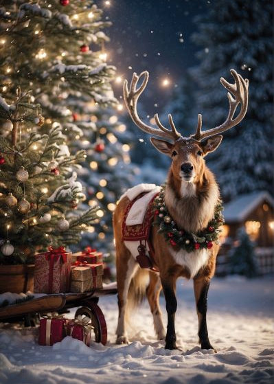 Reindeer with a Christmas wreath standing in front of a decorated Christmas tree and presents.