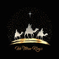 Silhouette of the Three Wise Men on camels with a star in the sky and 'We Three Kings' text on a black background.