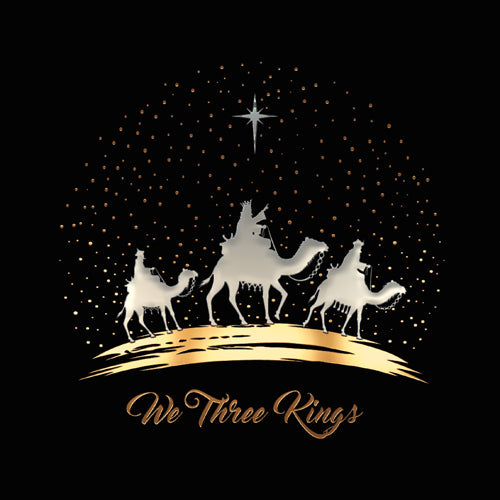 Silhouette of the Three Wise Men on camels with a star in the sky and 'We Three Kings' text on a black background.