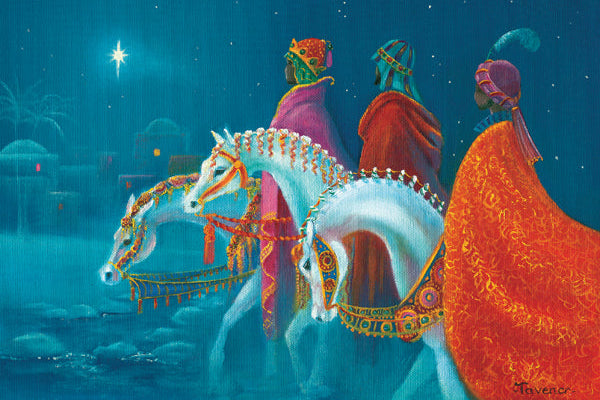 Three wise men on horseback with a star in the sky