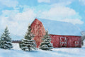 Red barn surrounded by snow-covered trees under a blue sky with clouds.