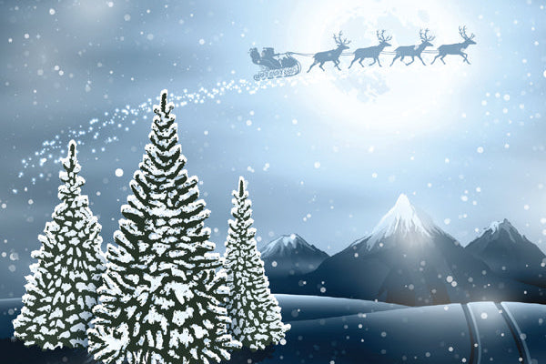 Winter landscape with snow-covered trees, mountains, and Santa Claus in a sleigh with reindeer.