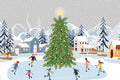 Winter scene with a decorated Christmas tree and people skating on an ice rink.