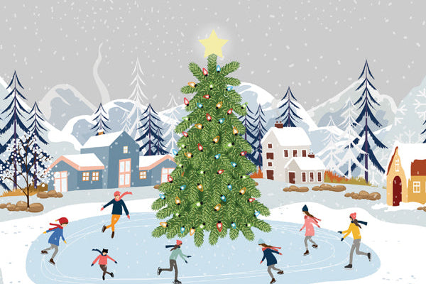 Winter scene with a decorated Christmas tree and people skating on an ice rink.