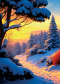 Snow-covered trees and landscape at sunset
