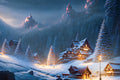 Snowy mountain village scene with illuminated buildings and trees at night.