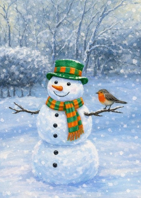 A winter landscape painting showing a snowman in a snowy field with bare trees in the background. The snowman wears a green and orange striped hat and matching scarf, and a small robin bird perches on one of its twig arms.