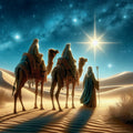 Three wise men on camels following a bright star in the desert