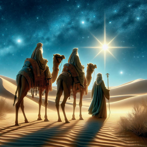 Three wise men on camels following a bright star in the desert