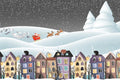Illustration of Santa Claus in a sleigh over a snowy village with colorful houses.