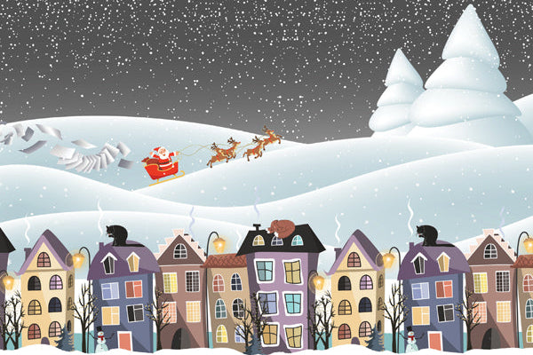 Illustration of Santa Claus in a sleigh over a snowy village with colorful houses.