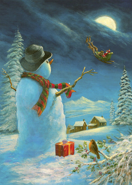 Snowman with a hat and scarf in a snowy landscape with a full moon and Santa in a sleigh.