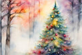 Watercolor painting of a decorated Christmas tree in a snowy forest, with soft pastel tones of pink, blue, green, and yellow.