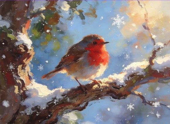 A painted winter scene showing a small robin perched on a snow-dusted tree branch, with falling snowflakes and a soft blue sky background.